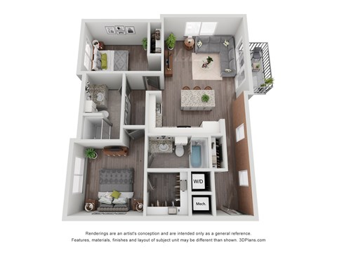 Floor plan for 2 beds, 2 baths, 999 sqft